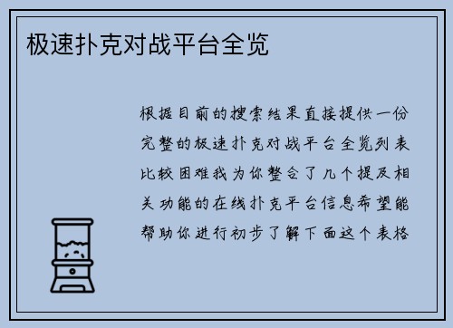 极速扑克对战平台全览